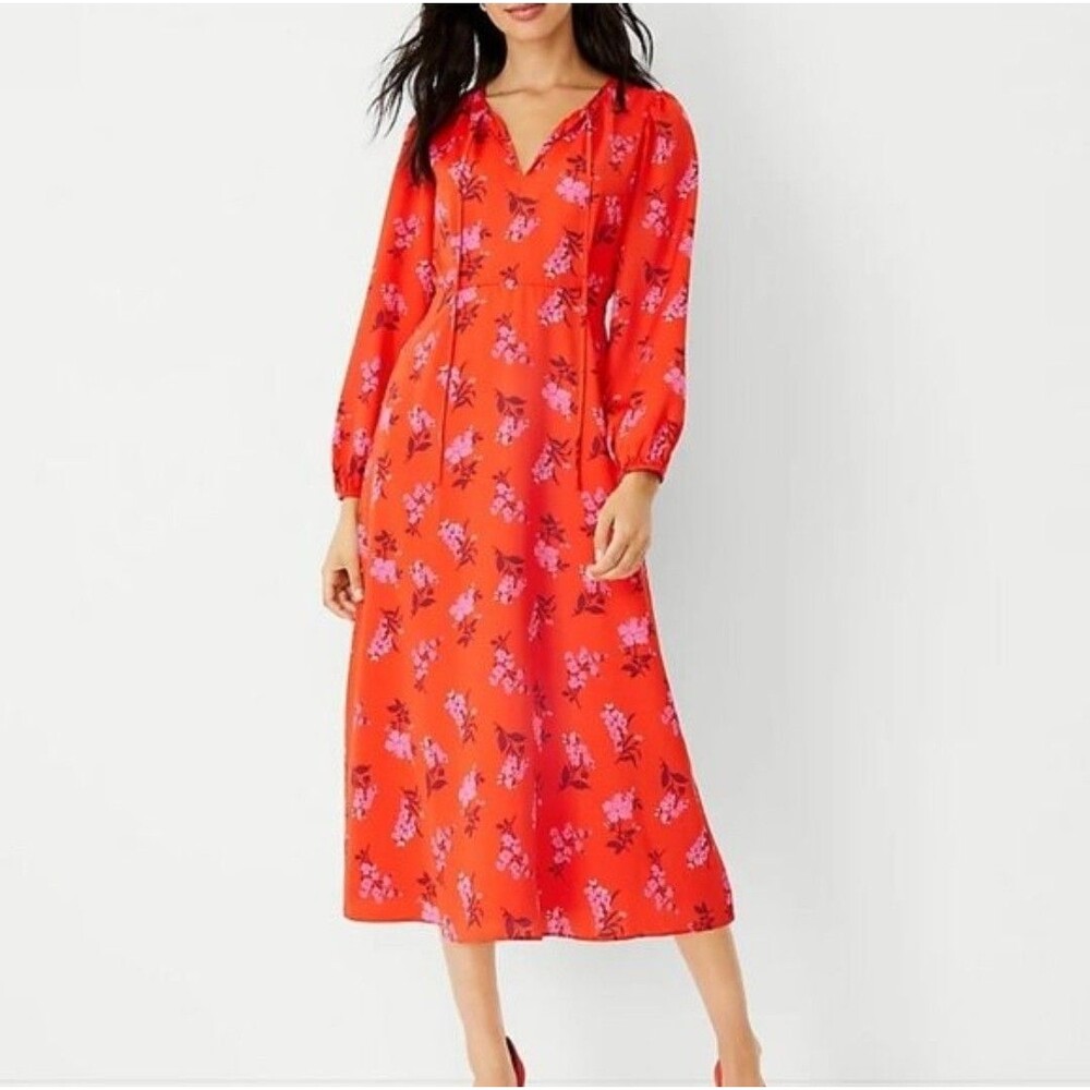 Ann Taylor Size Large Dress Floral Midi Size 6 Tie Neck Red